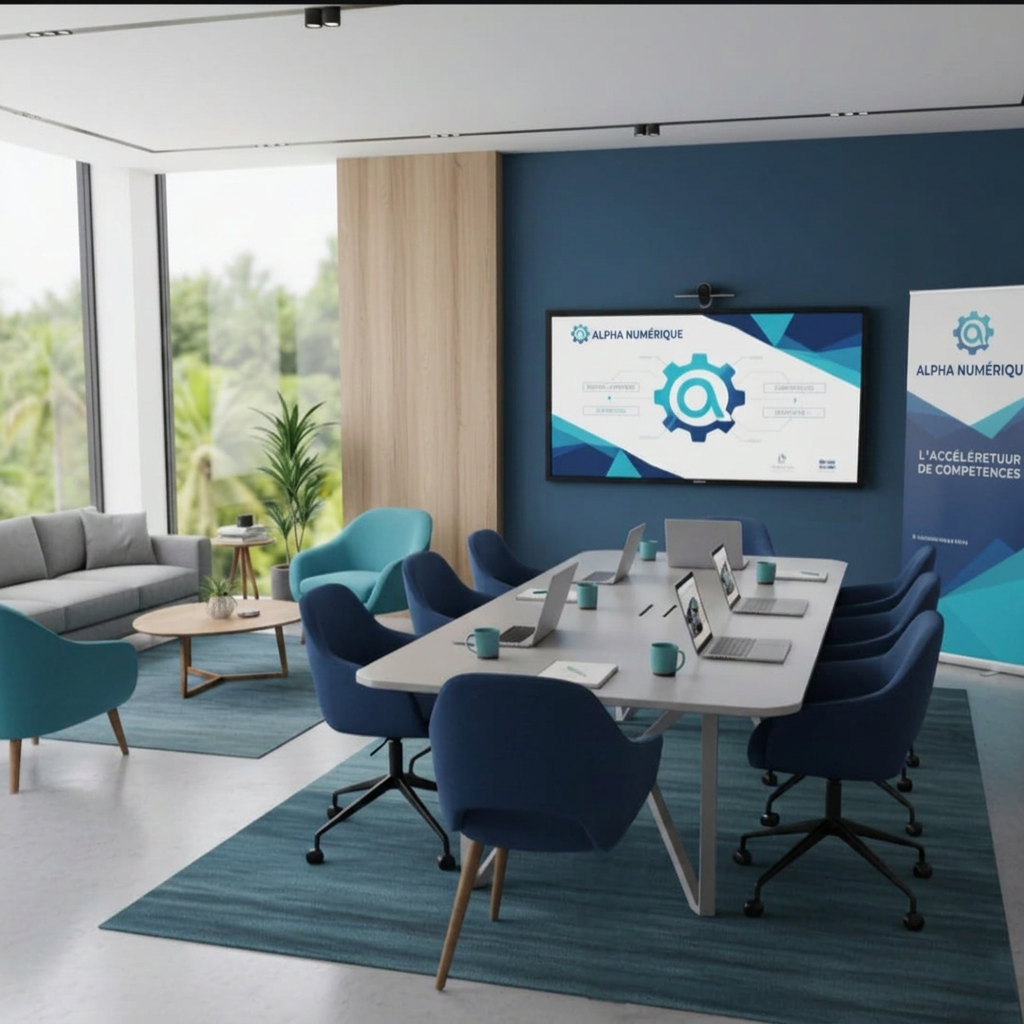 Salle de formation Alpha Numérique : table de travail, écran de projection et fauteuils